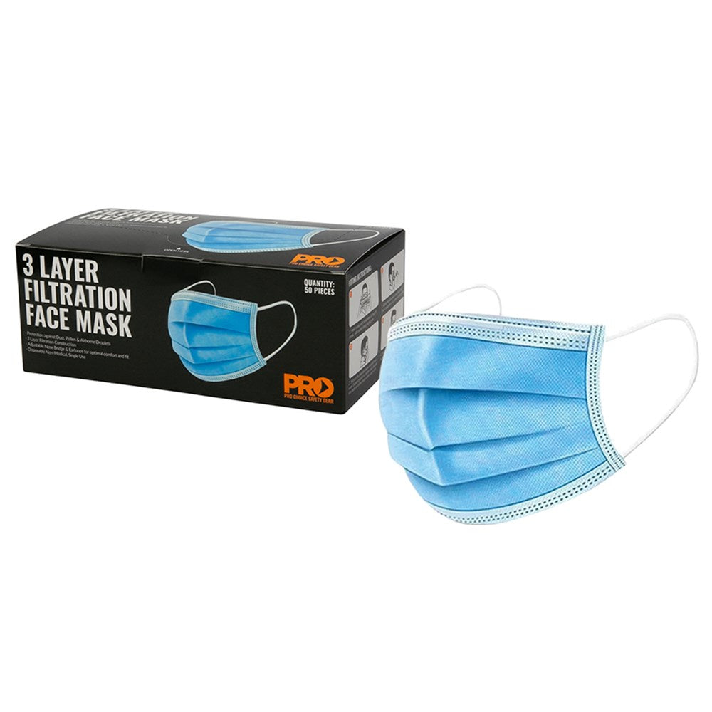 Pro Choice Safety Gear Disposable Face Mask Blue 3 Ply - 50 Pack