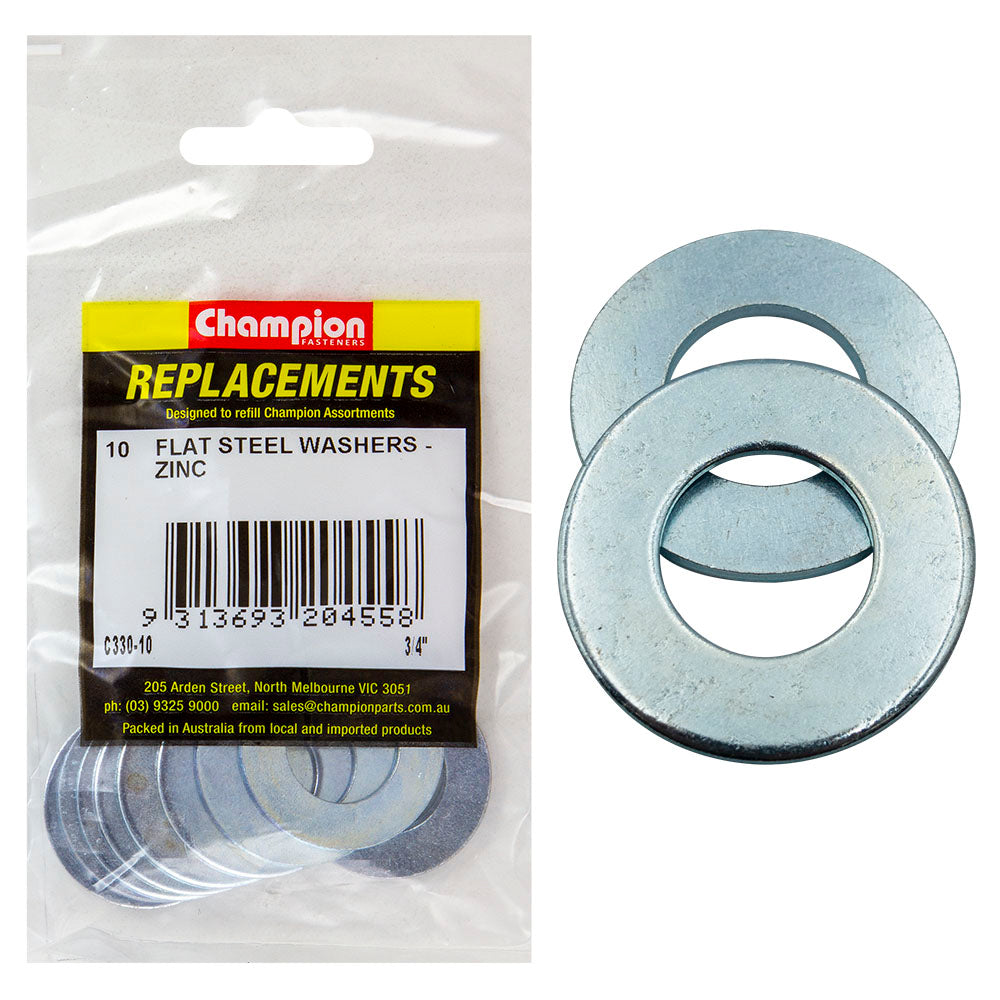 Champion 3/4In X 1-1/2In X 15G Flat Steel Washer -10Pk