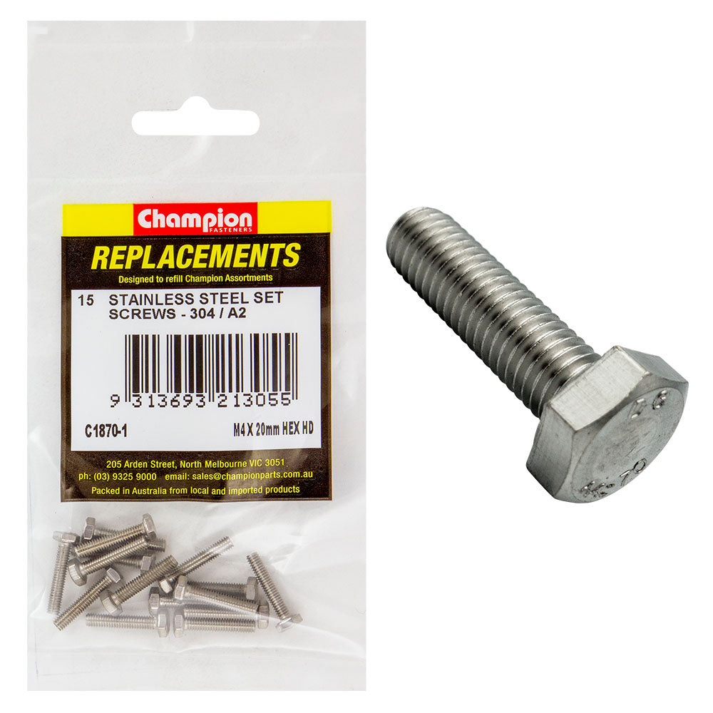 Champion M4 X 20Mm Stainless Set Screw 304/A2 -15Pk