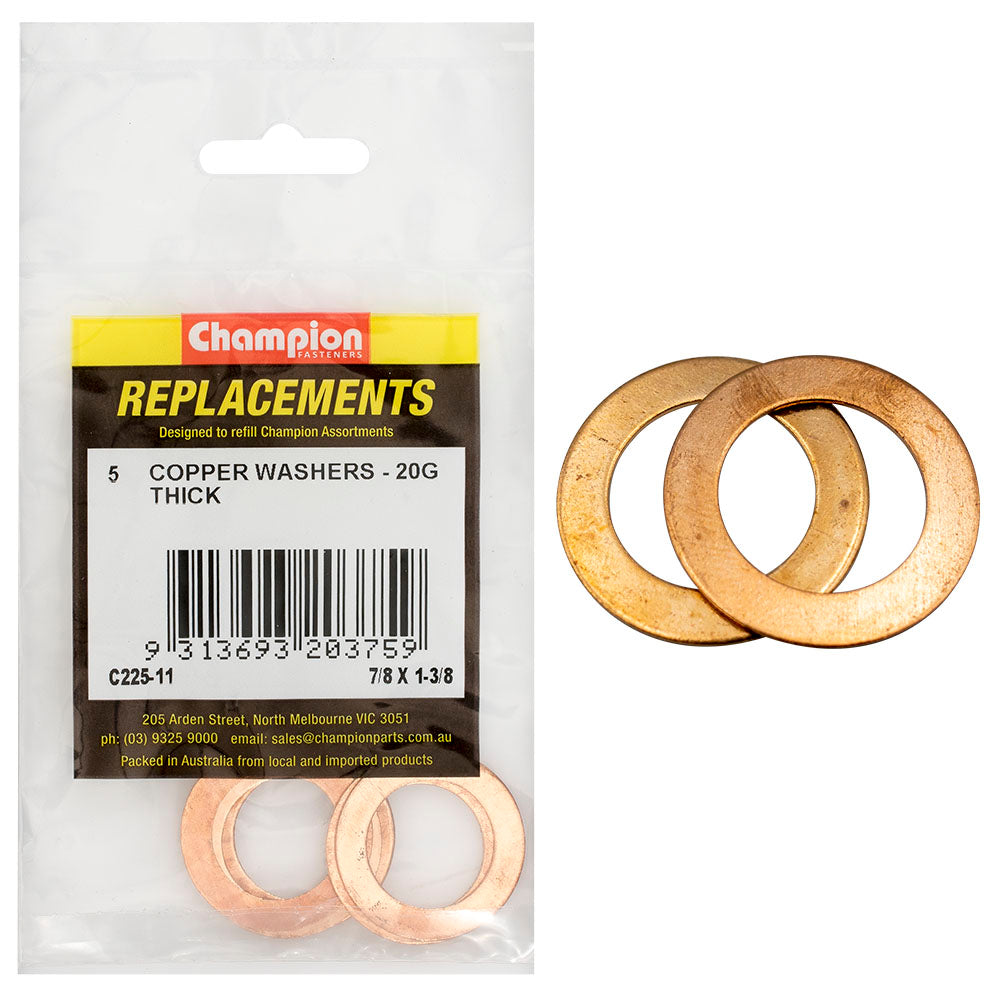 Champion 7/8In X 1-3/8In X 20G Copper Washer -5Pk