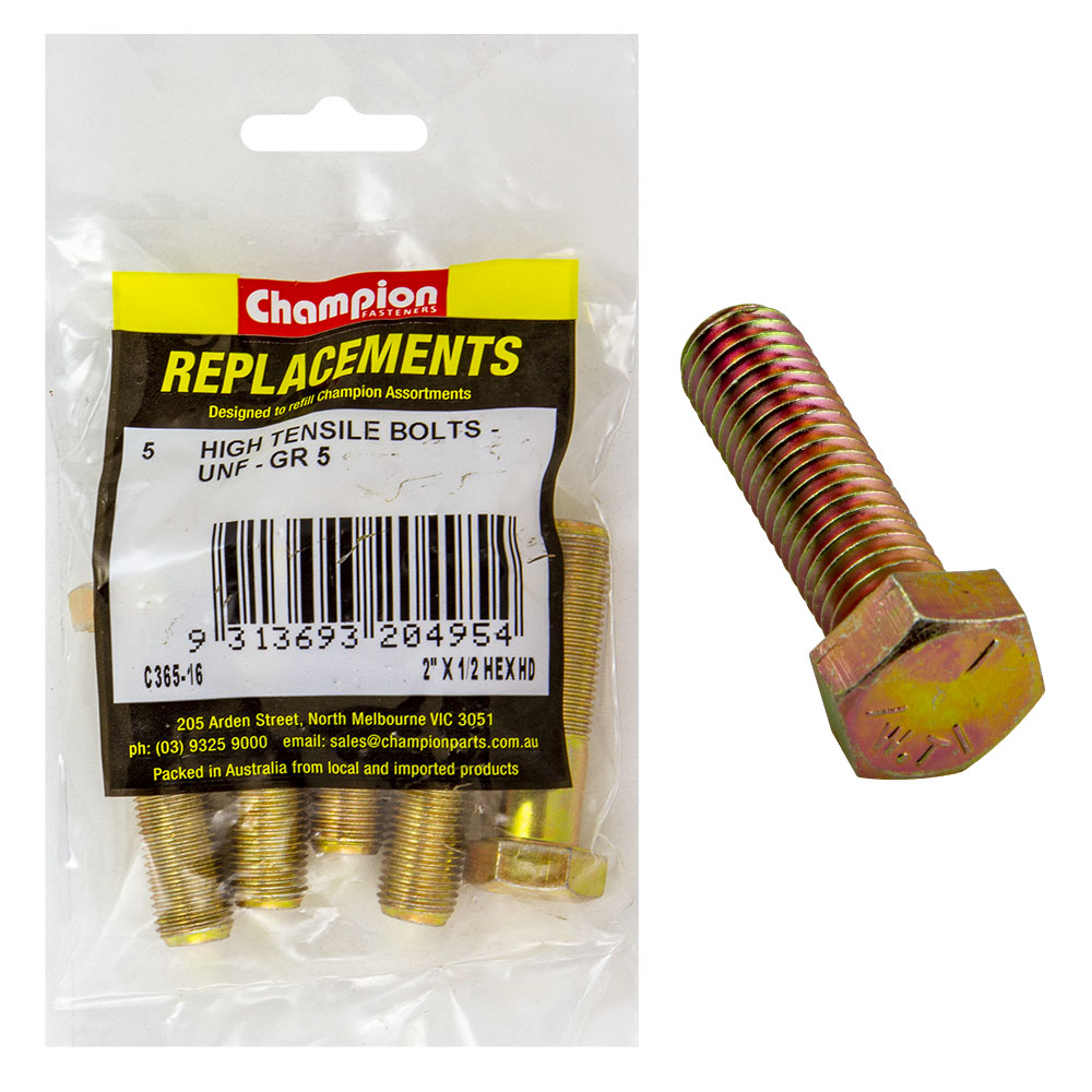 Champion 1/2In X 2In Unf Bolt -Gr5 -5Pk