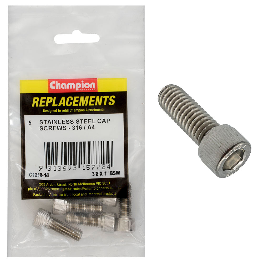 Champion 3/8In X 1In Bsw Socket Cap Screw 316/A4 -5Pk