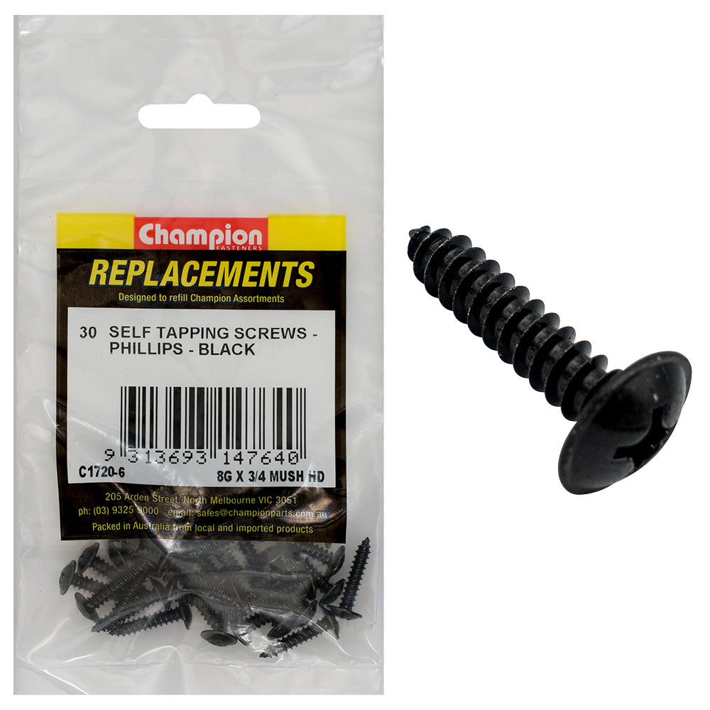 Champion 8G X 3/4In S/Tapping Screw Mushroom Head Ph -30Pk