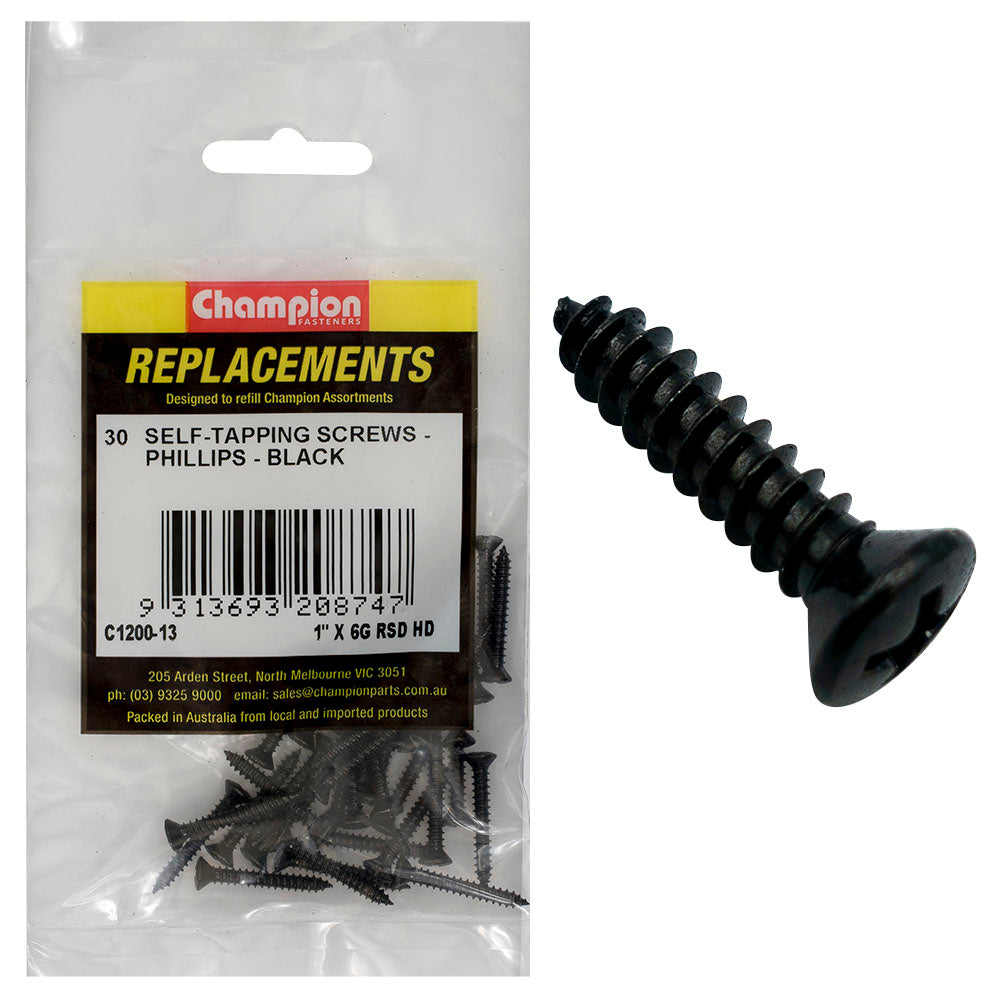 Champion 6G X 1In S/Tapping Screw Raised Head Ph Blk -30Pk