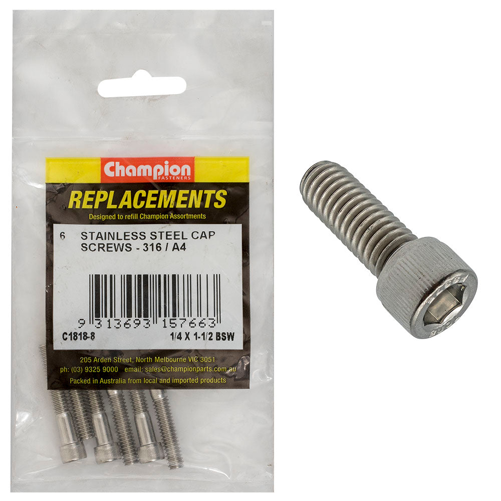 Champion 1/4In X 1-1/2In Bsw Socket Cap Screw 316/A4 -6Pk