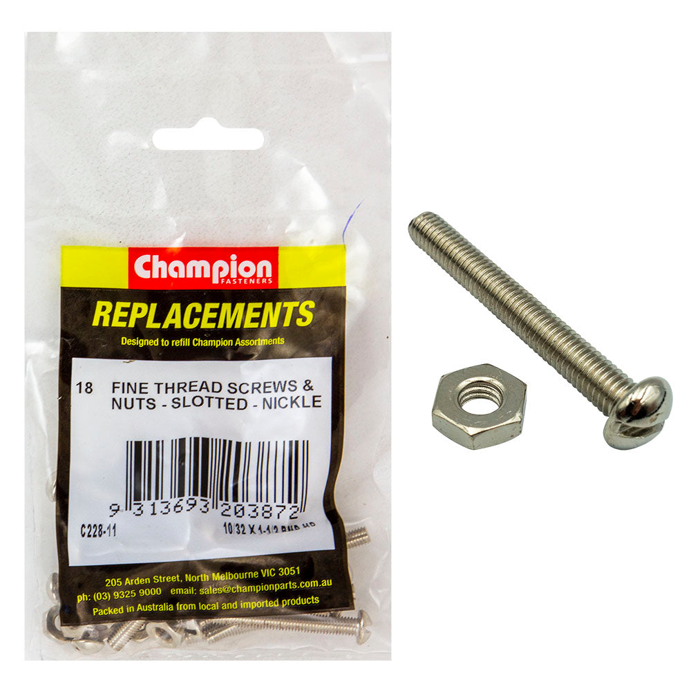 Champion 10/32 X 1-1/2In Unf Rnd Hd Machine Scr & Nut - 18Pk