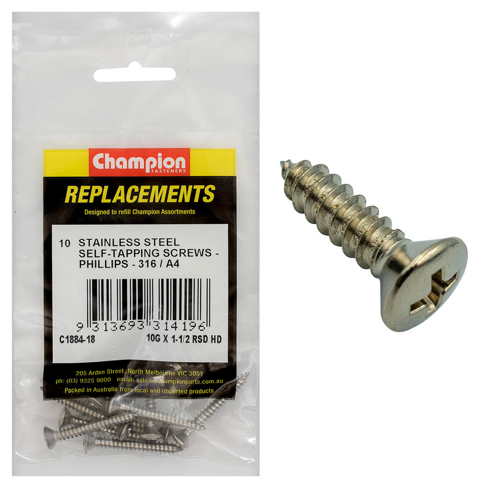 Champion 10G X 1-1/2In S/Tapping Screw-Rsd-Ph-316/A4-10Pk