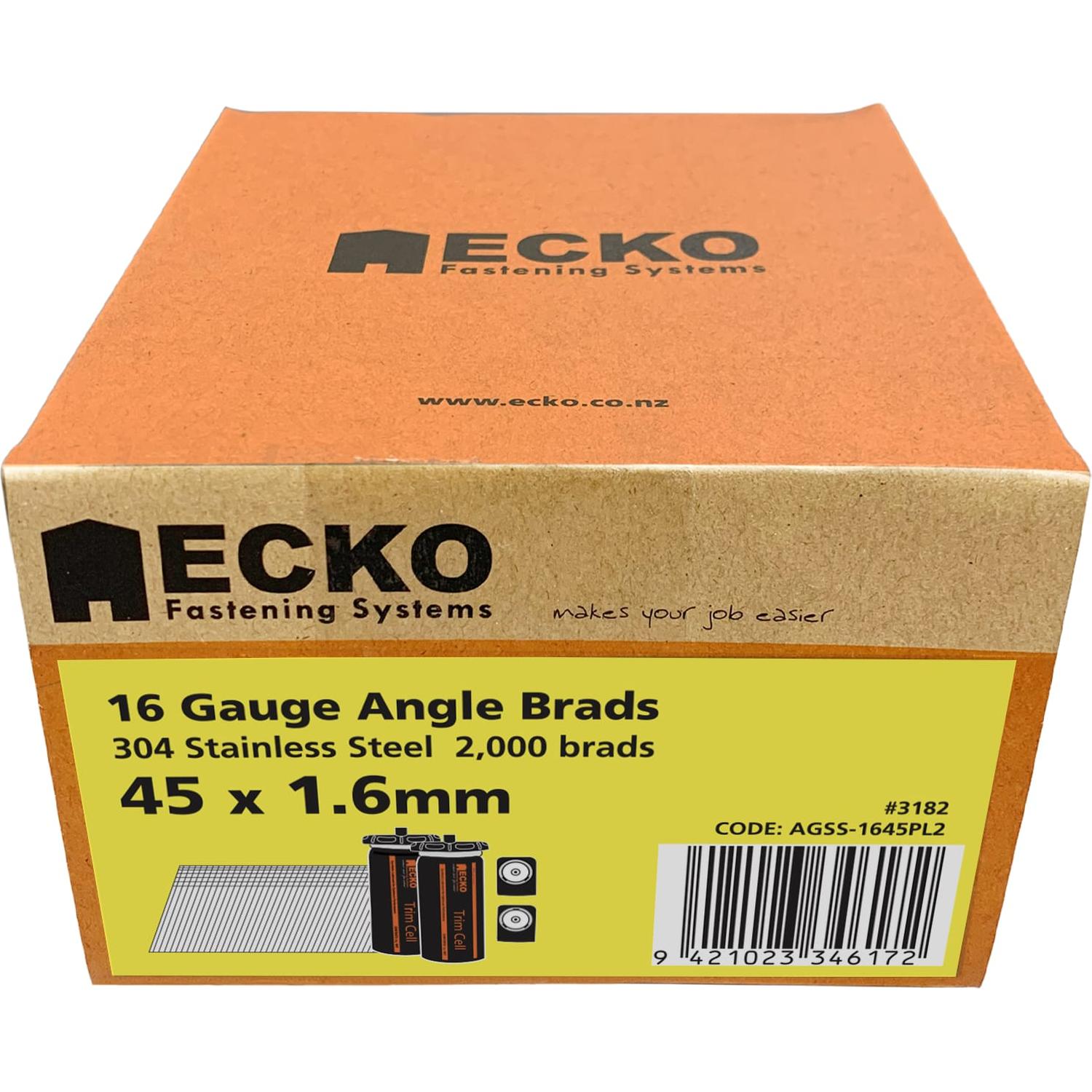 Ecko 16 Gauge Angle Brads Gas Pack 45 X 1.6Mm 304 Stainless Steel (2000)