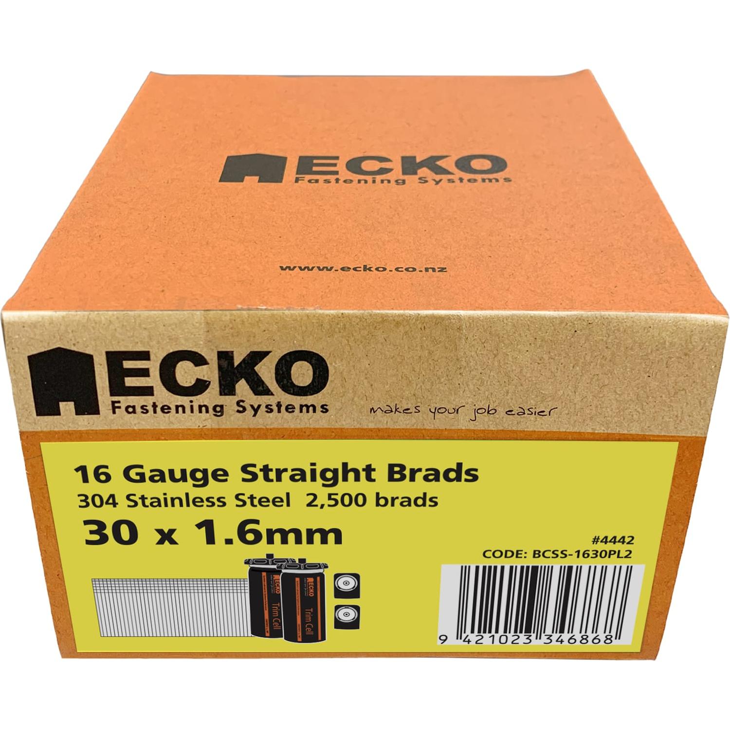 Ecko 16 Gauge Straight Brads Gas Pack 30 X 1.6Mm 304 Stainless Steel (2500/Box)