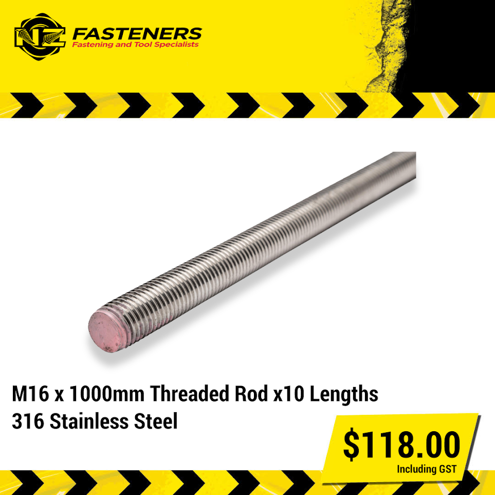 Threaded Rod M16 X 1M Stainless Steel 316 (X10 Lengths)