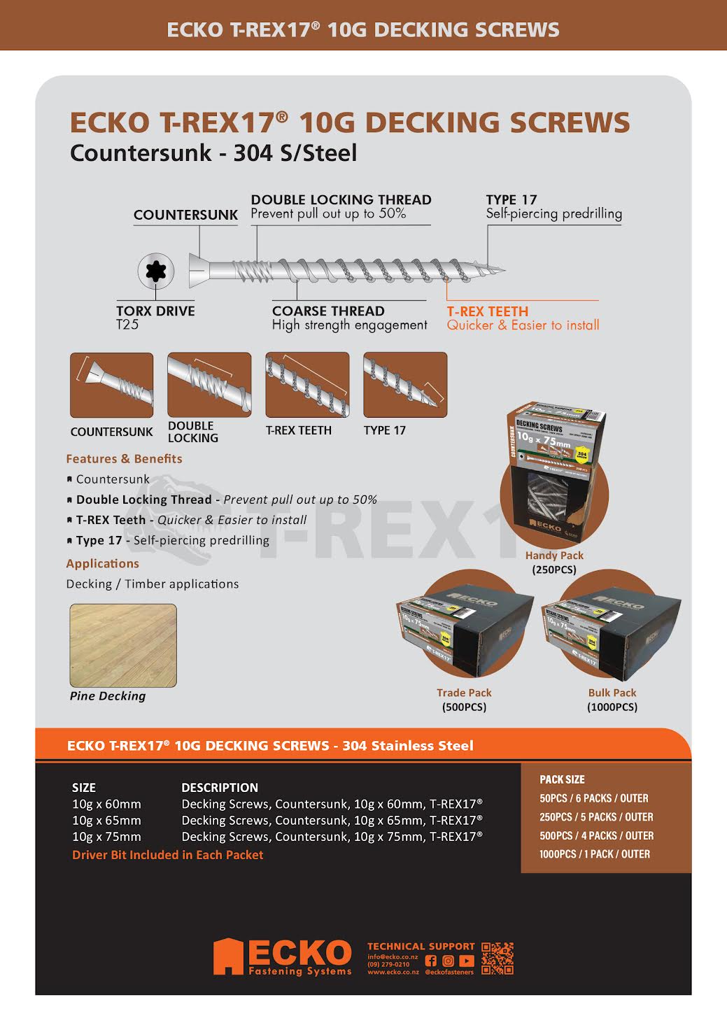 Ecko T-Rex17 10G X 65Mm Flat Head Decking Screws Countersunk (1000 Box)