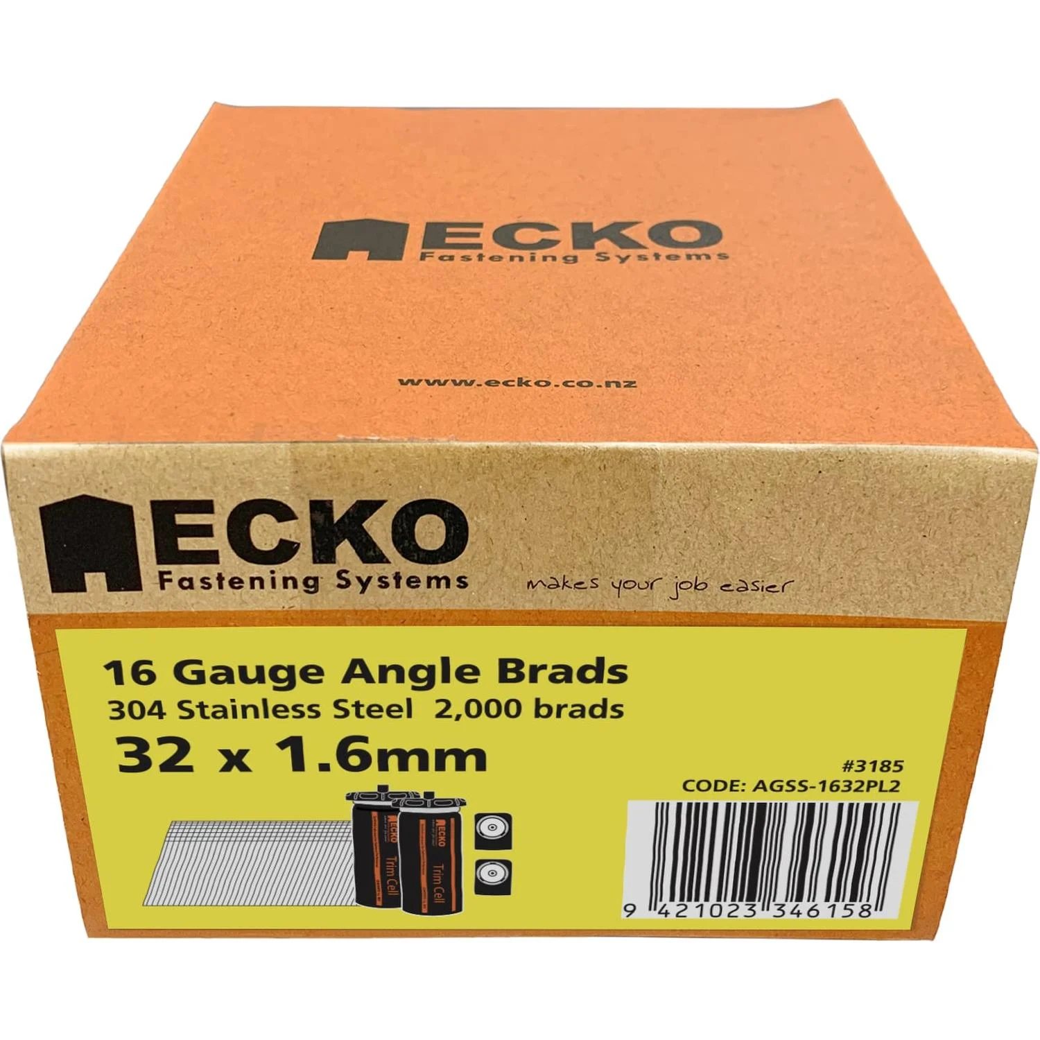 Ecko 16 Gauge Angle Brads Gas Pack 32 X 1.6Mm 304 Stainless Steel (2000)