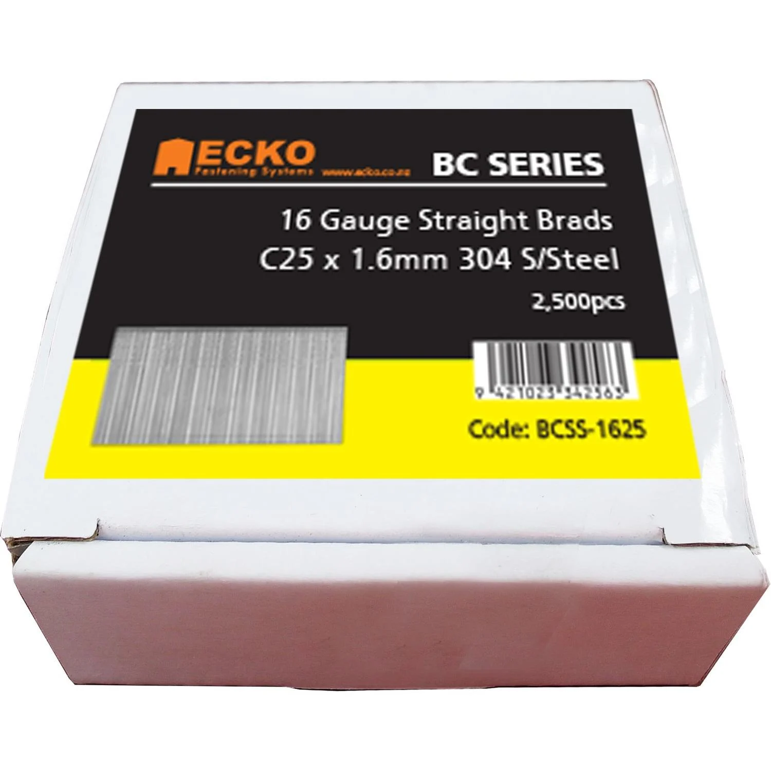 Ecko 16 Gauge Straight Brads Gasless Pack 25 X 1.6Mm 304 Stainless Steel (2500/Box)