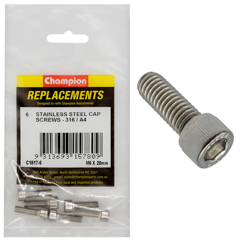 Champion M6 X 20Mm Socket Cap Screw 316/A4 -6Pk