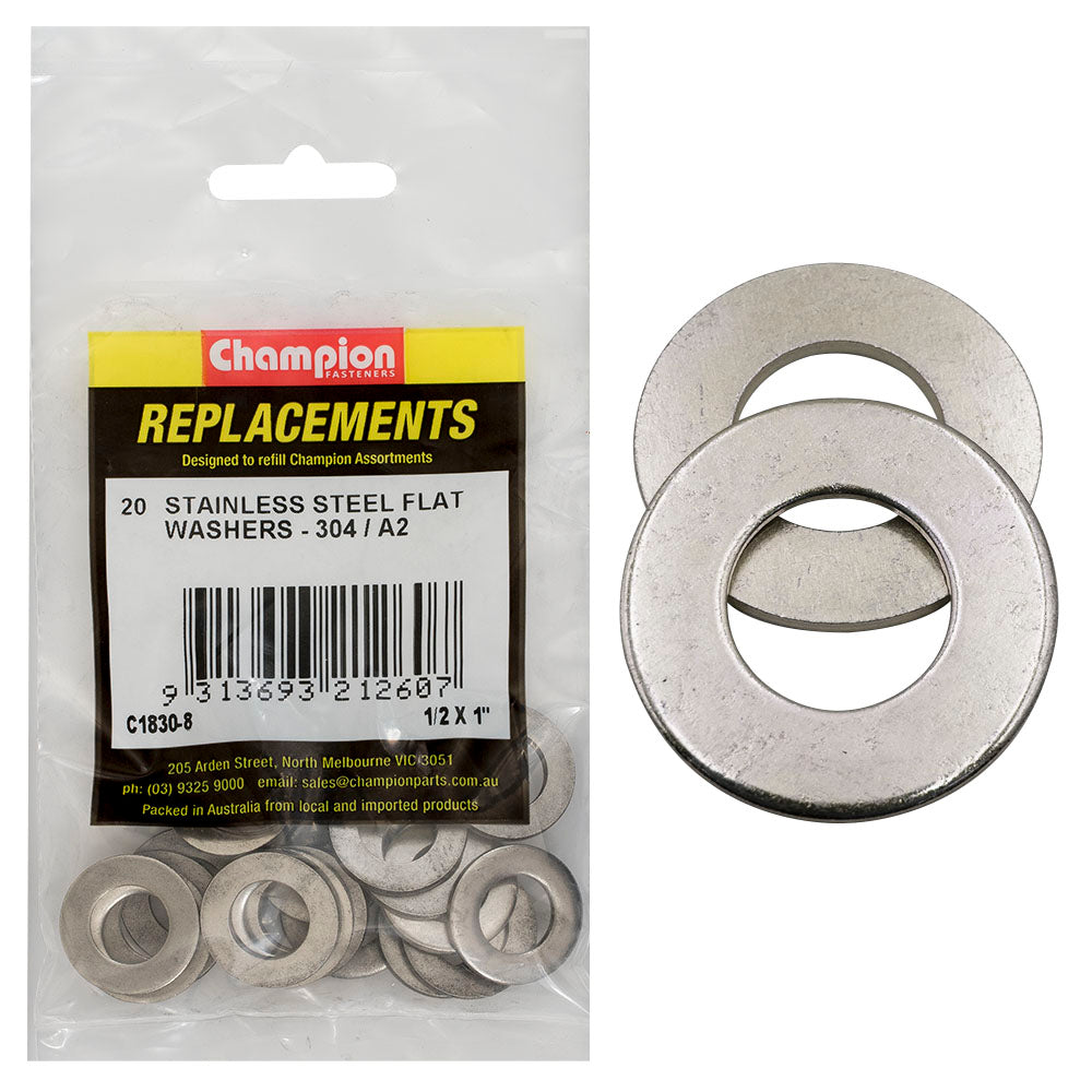 Champion 1/2In X 1In Stainless Flat Washer 304/A2 -20Pk