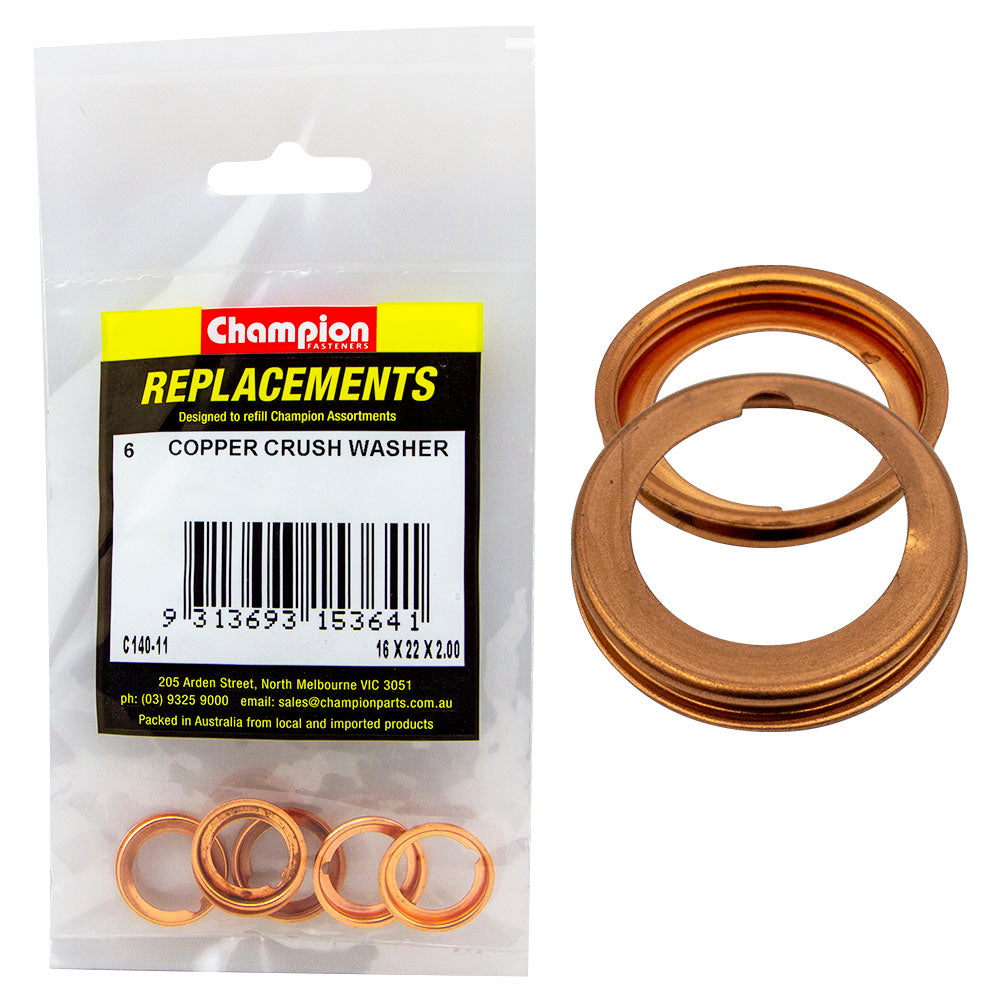 Champion M16 X 22Mm Copper Crush (Sump Plug) Washer -6Pk