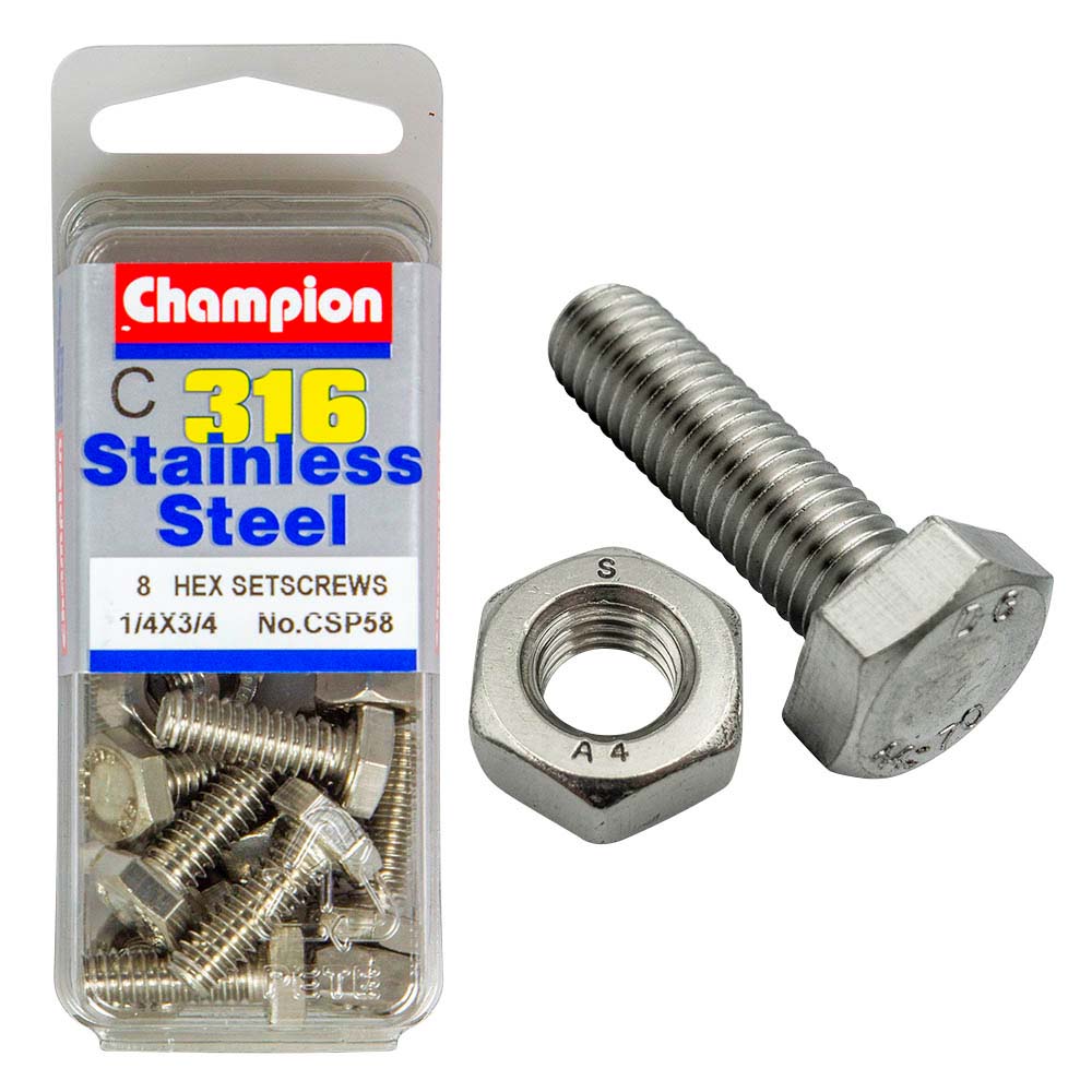 Champion 1/4In X 3/4In Unc Hex Set Screw 316/A4 (C)