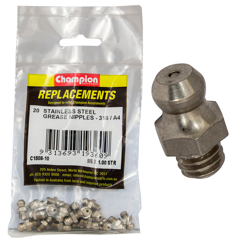 Champion Grease Nipple Stainless M6 X 1.00 Str 316/A4 -20Pk