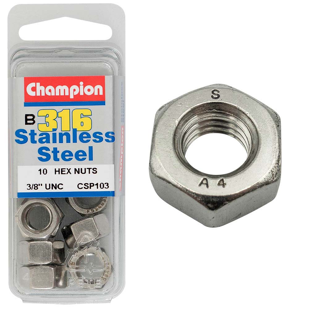 Champion 3/8In Unc Hex Nut - 316/A4 (C)