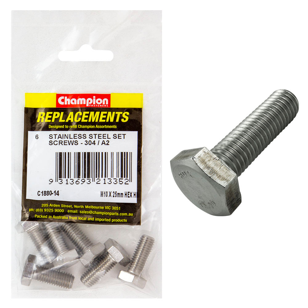 Champion M10 X 25Mm Stainless Set Screw 304/A2 -6Pk