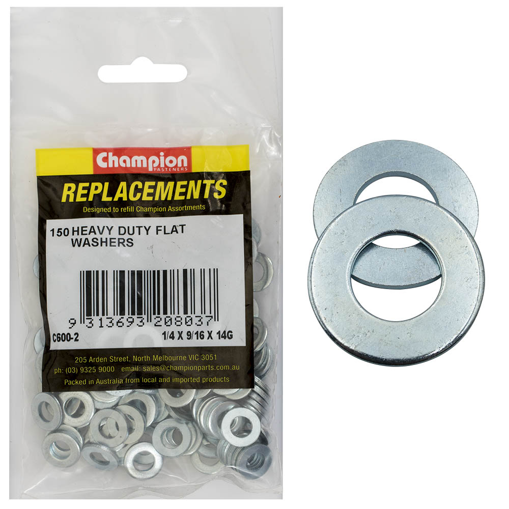 Champion 1/4In X 9/16In X 14G H/Duty Flat Steel Washer-150Pk