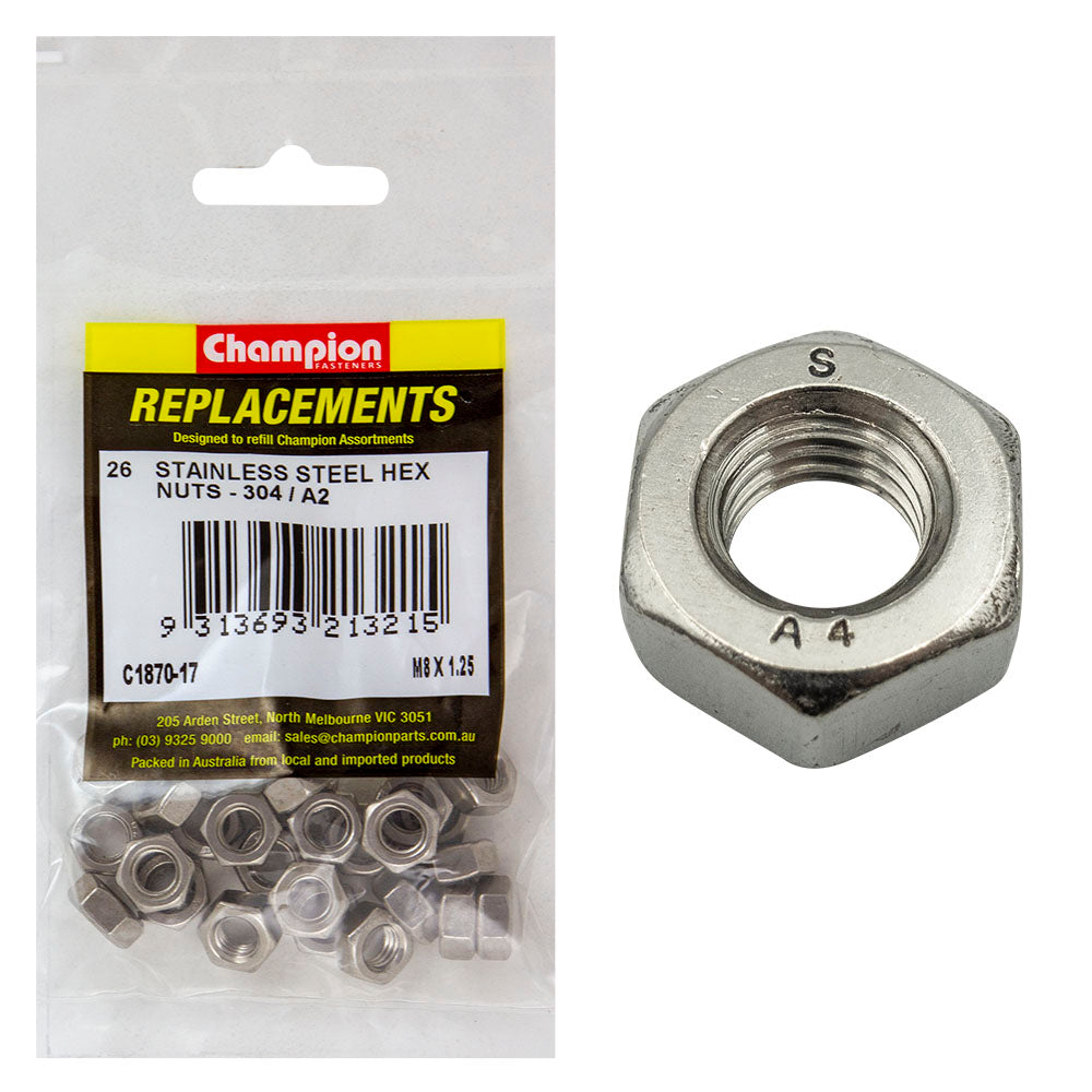 Champion M8 X 1.25 Stainless Hex Nut 304/A2 -26Pk