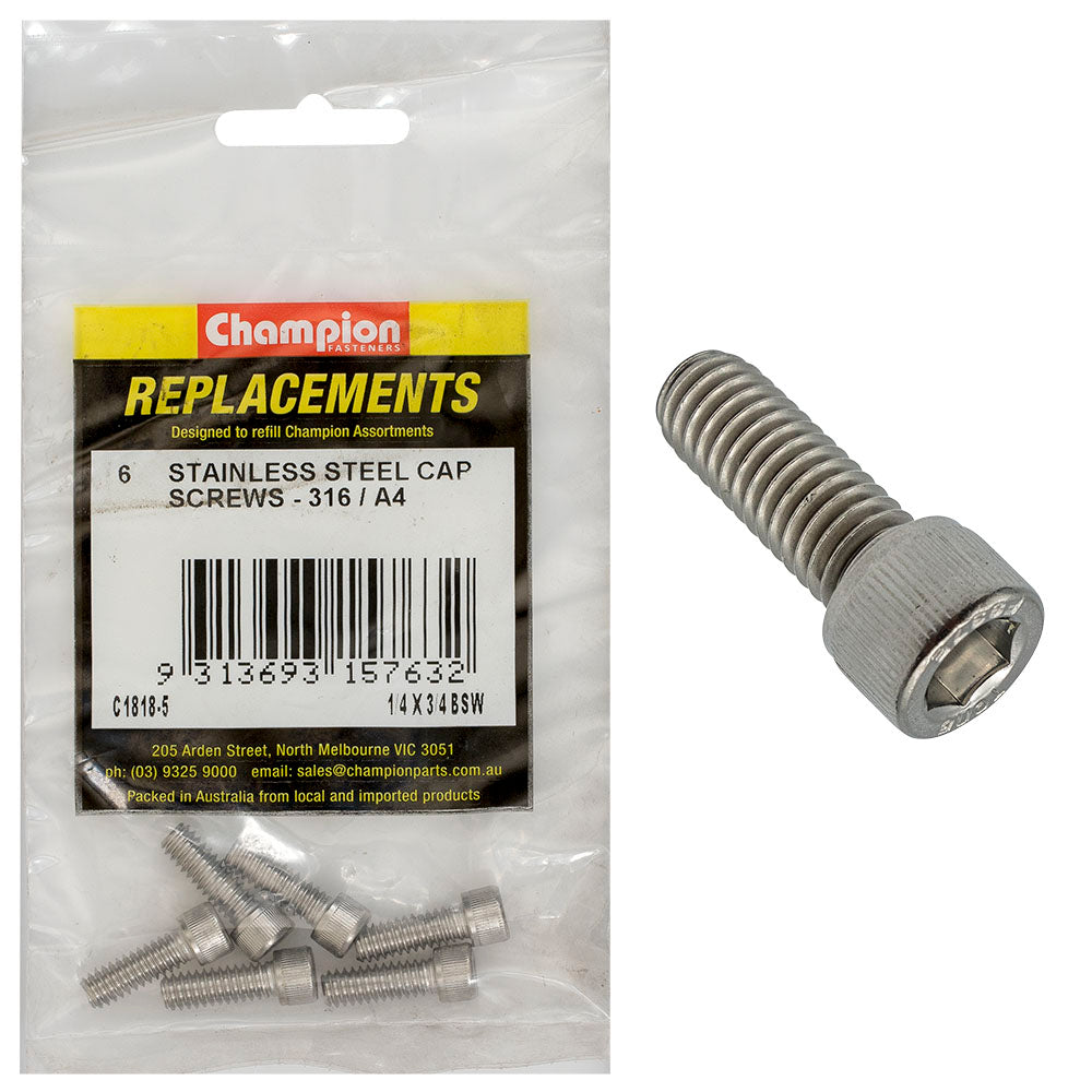 Champion 1/4In X 3/4In Bsw Socket Cap Screw 316/A4 -6Pk