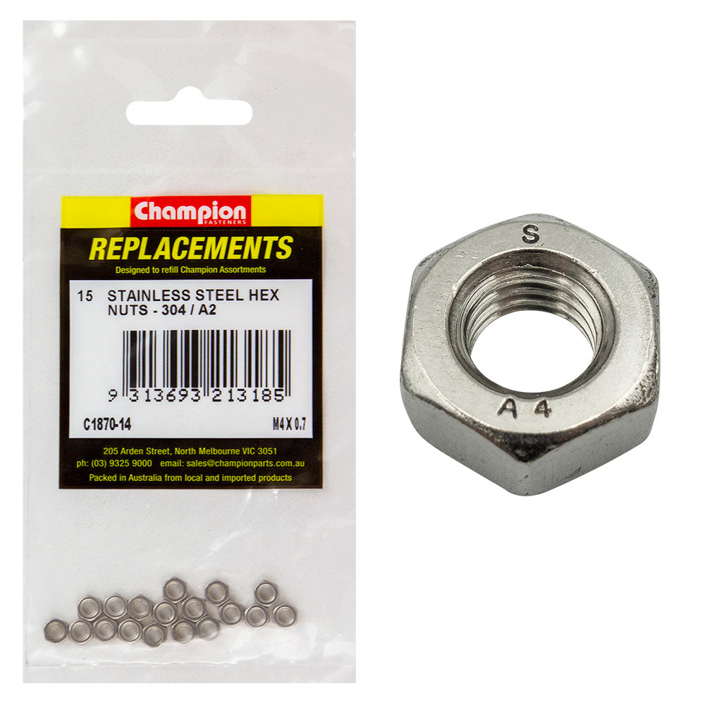 Champion M4 X 0.7 Stainless Hex Nut 304/A2 -15Pk