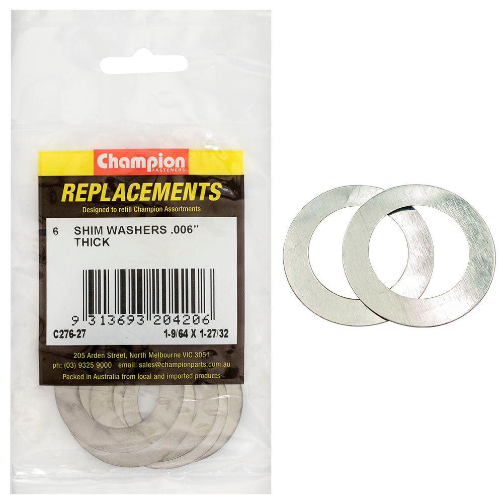 Champion 1-9/64In X 1-27/32In X 0.006In Shim Washer -6Pk