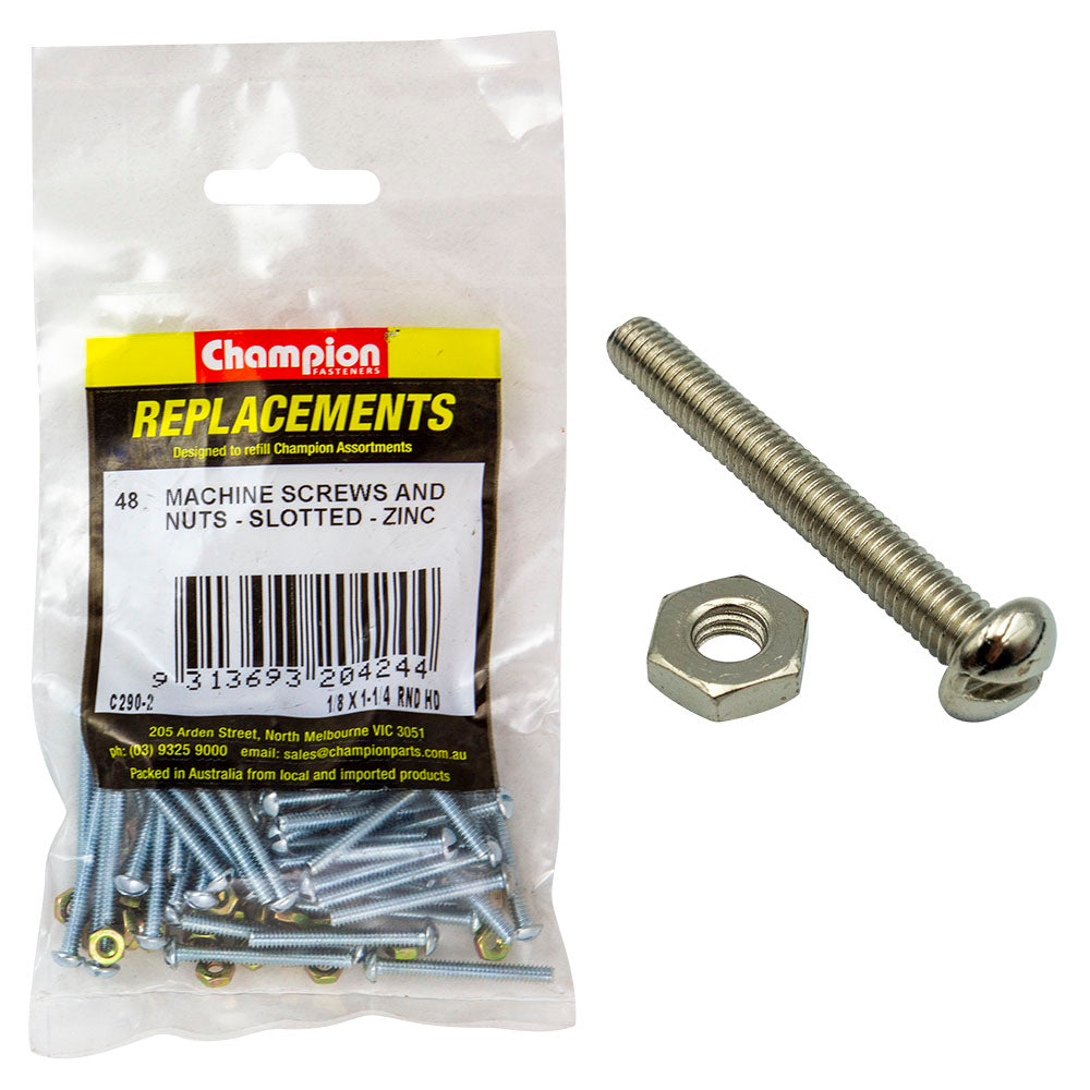 Champion 1/8 X 1-1/4In Bsw Rnd Hd Machine Screw & Nut - 48Pk