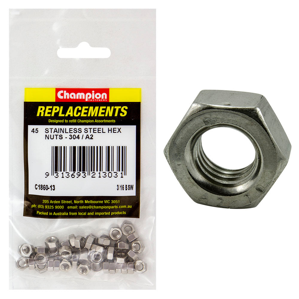 Champion 3/16In Bsw Stainless Hex Nut 304/A2 -45Pk