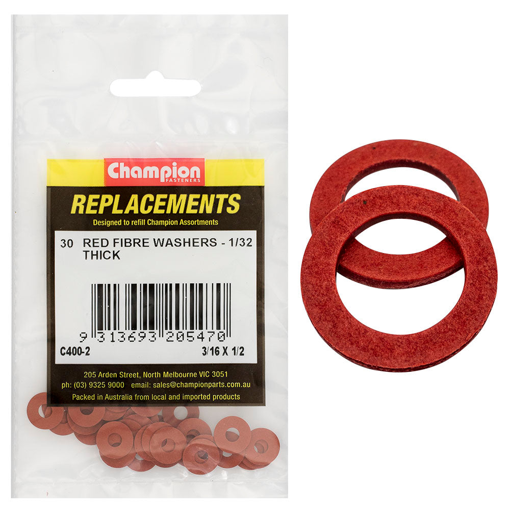 Champion 3/16In X 1/2In X 1/32In Red Fibre Washer -30Pk