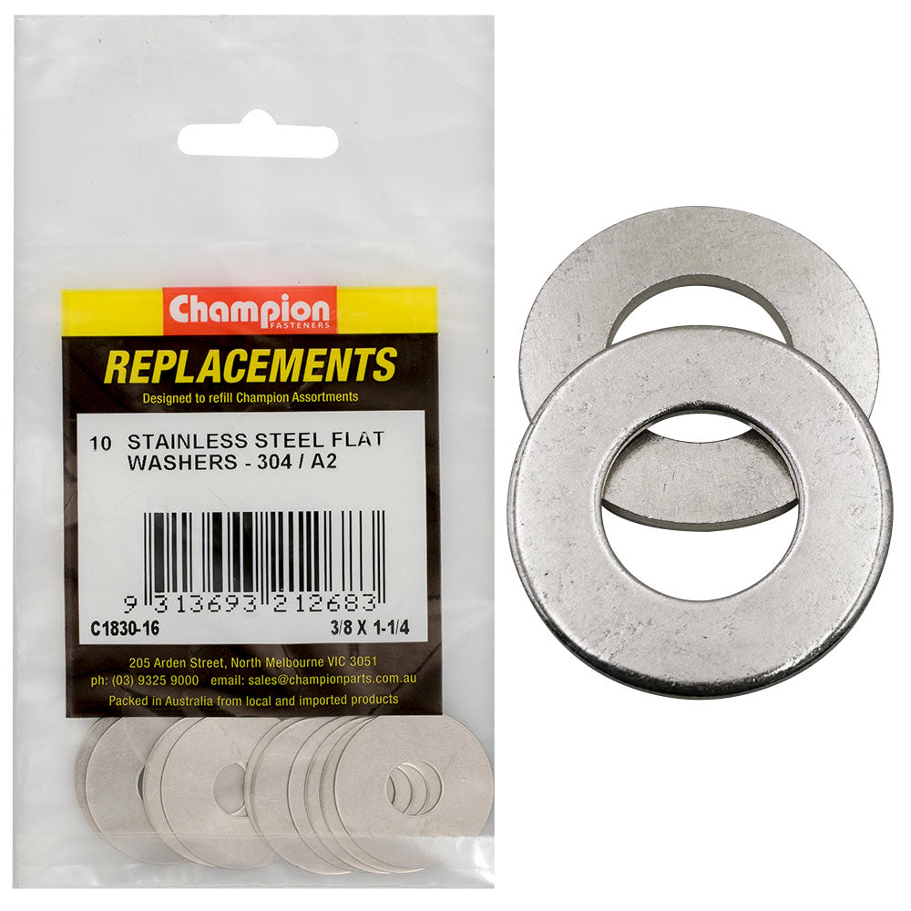 Champion 3/8In X 1-1/4In Stainless Flat Washer 304/A2 -10Pk