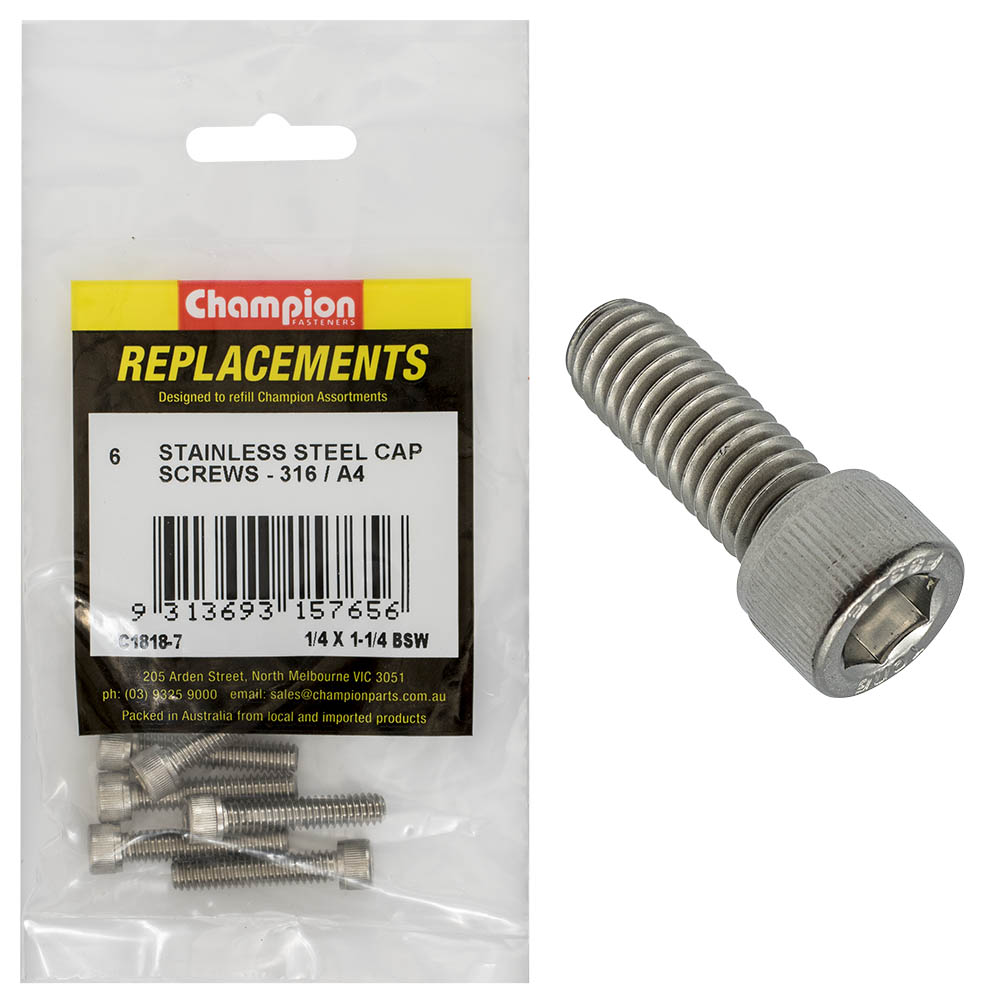 Champion 1/4In X 1-1/4In Bsw Socket Cap Screw 316/A4 -6Pk