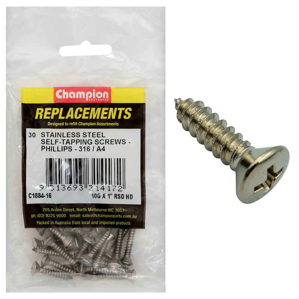 Champion 10G X 1In S/Tapping Screw -Rsd -Ph -316/A4 -30Pk