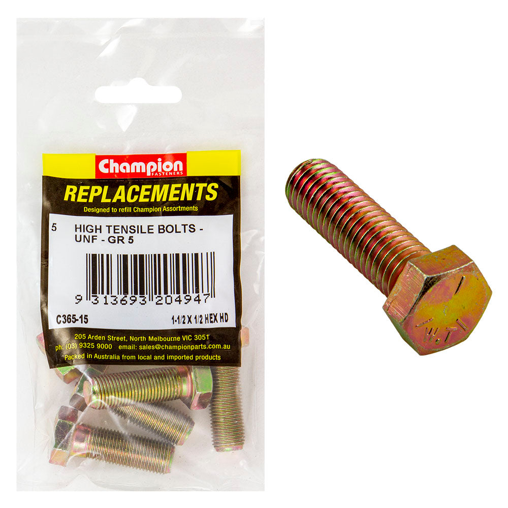 Champion 1/2In X 1-1/2In Unf Bolt -Gr5 -5Pk