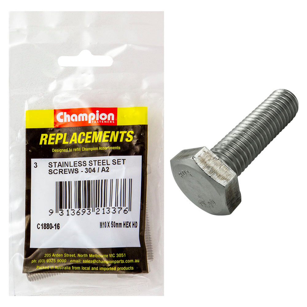 Champion M10 X 50Mm Stainless Set Screw 304/A2 -3Pk