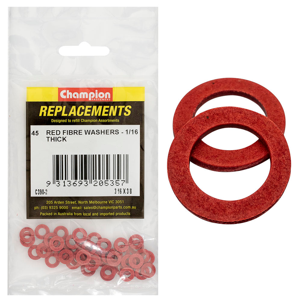 Champion 3/16In X 3/8In X 1/16In Red Fibre Washer -45Pk