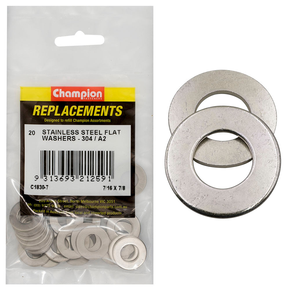 Champion 7/16In X 7/8In Stainless Flat Washer 304/A2 -20Pk