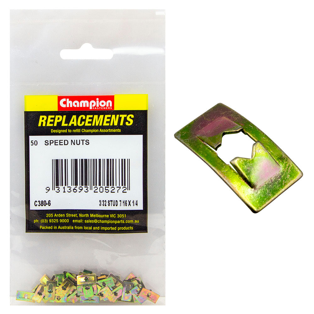 Champion 3/32In Dia. X 7/16In X 1/4In Push-On Speed Nut-50Pk