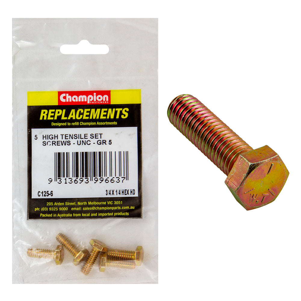 Champion 1/4In X 3/4In Unc Set Screw -Gr5 -5Pk