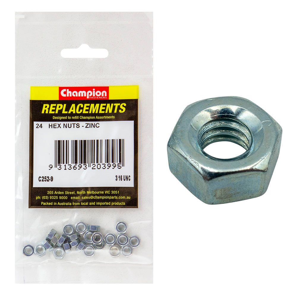 Champion 3/16In Unc Hexagon Nut (Zn) -24Pk