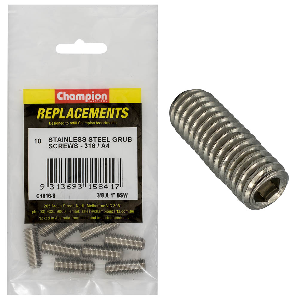 Champion 3/8In X 1In Bsw Grub Screw 316/A4 -10Pk