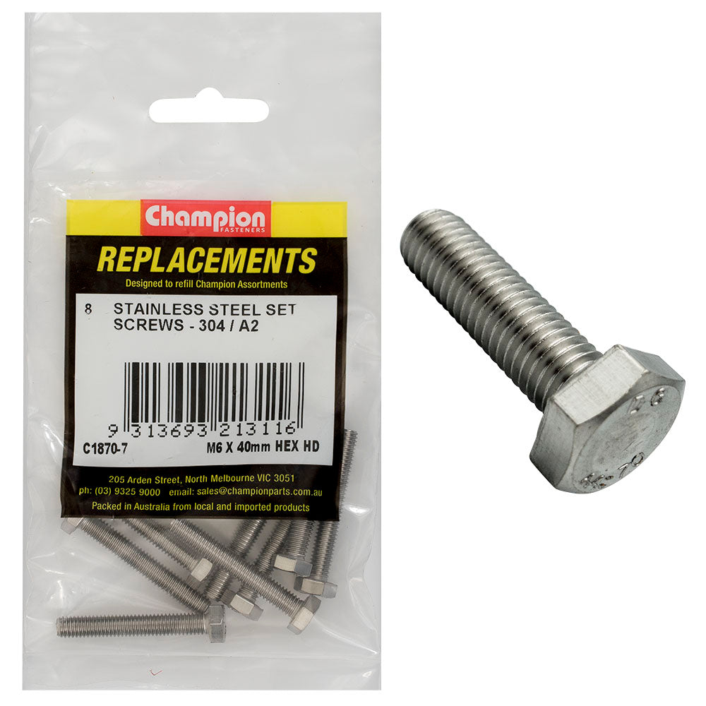 Champion M6 X 40Mm Stainless Set Screw 304/A2 -8Pk