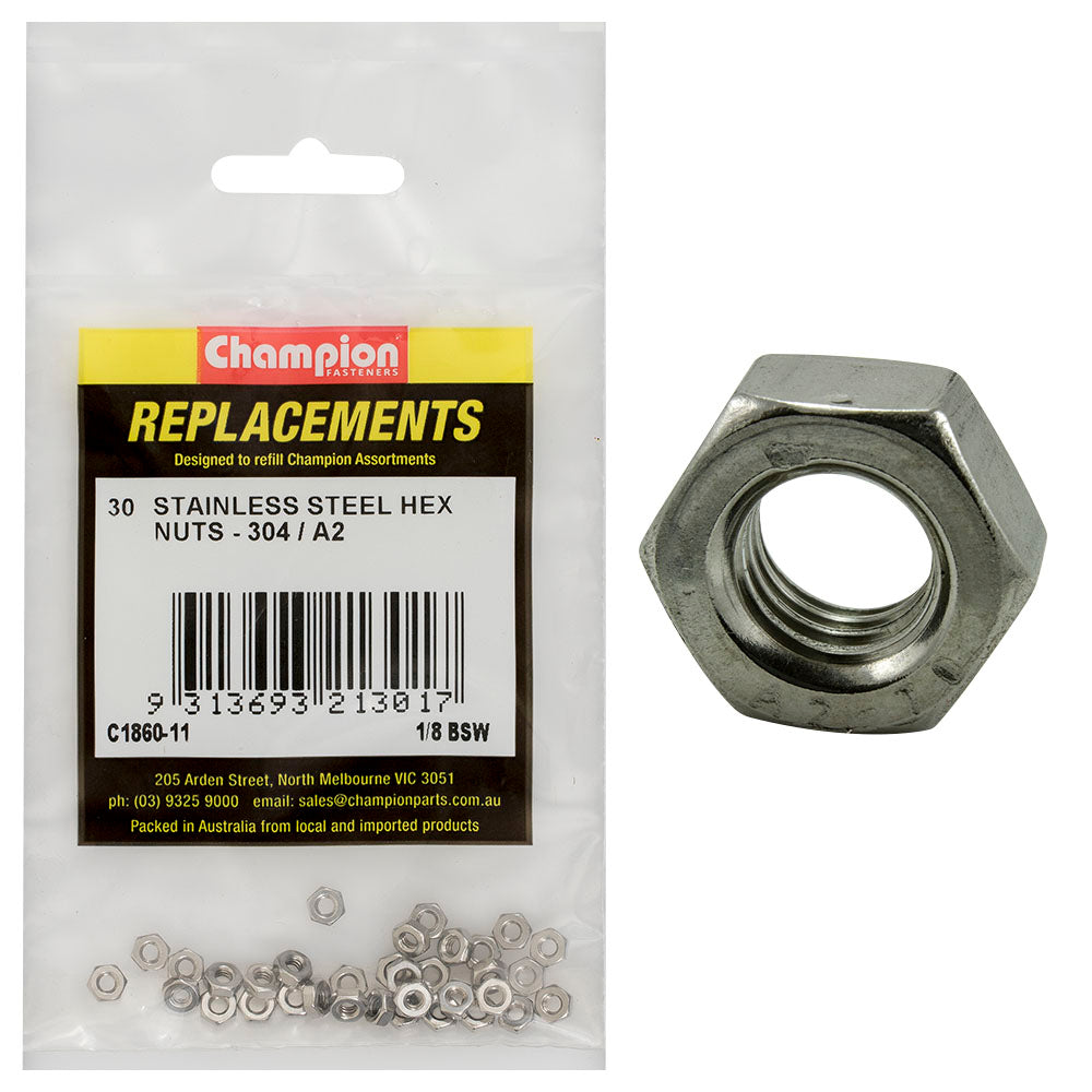 Champion 1/8In Bsw Stainless Hex Nut 304/A2 -30Pk