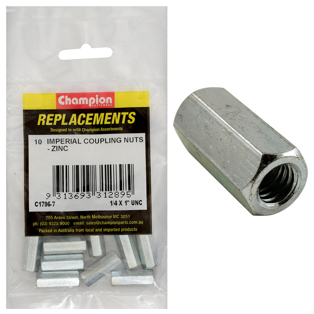 Champion 1/4In X 1In Unc Hex Coupler Nut -10Pk