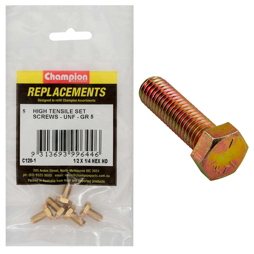 Champion 1/4In X 1/2In Unf Set Screw -Gr5 -5Pk