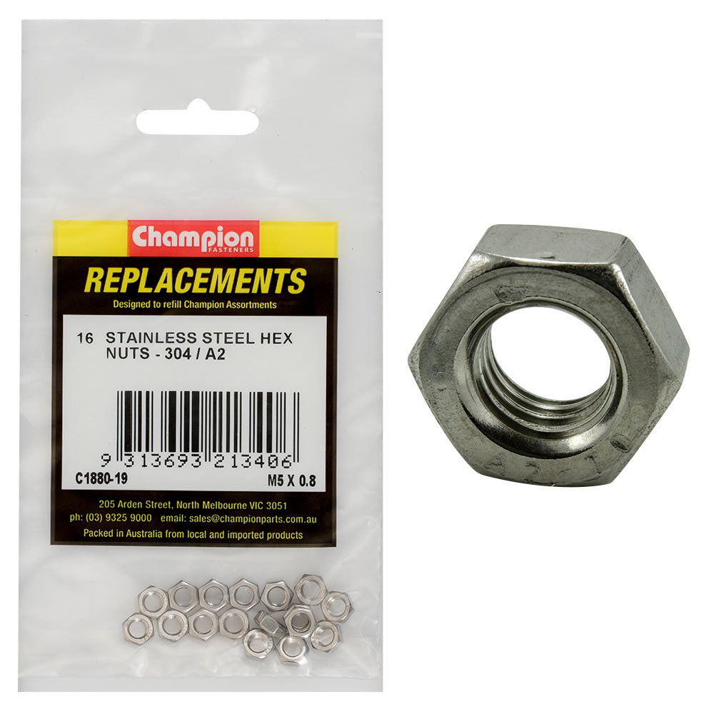 Champion M5 X 0.8 Stainless Hex Nut 304/A2 -16Pk