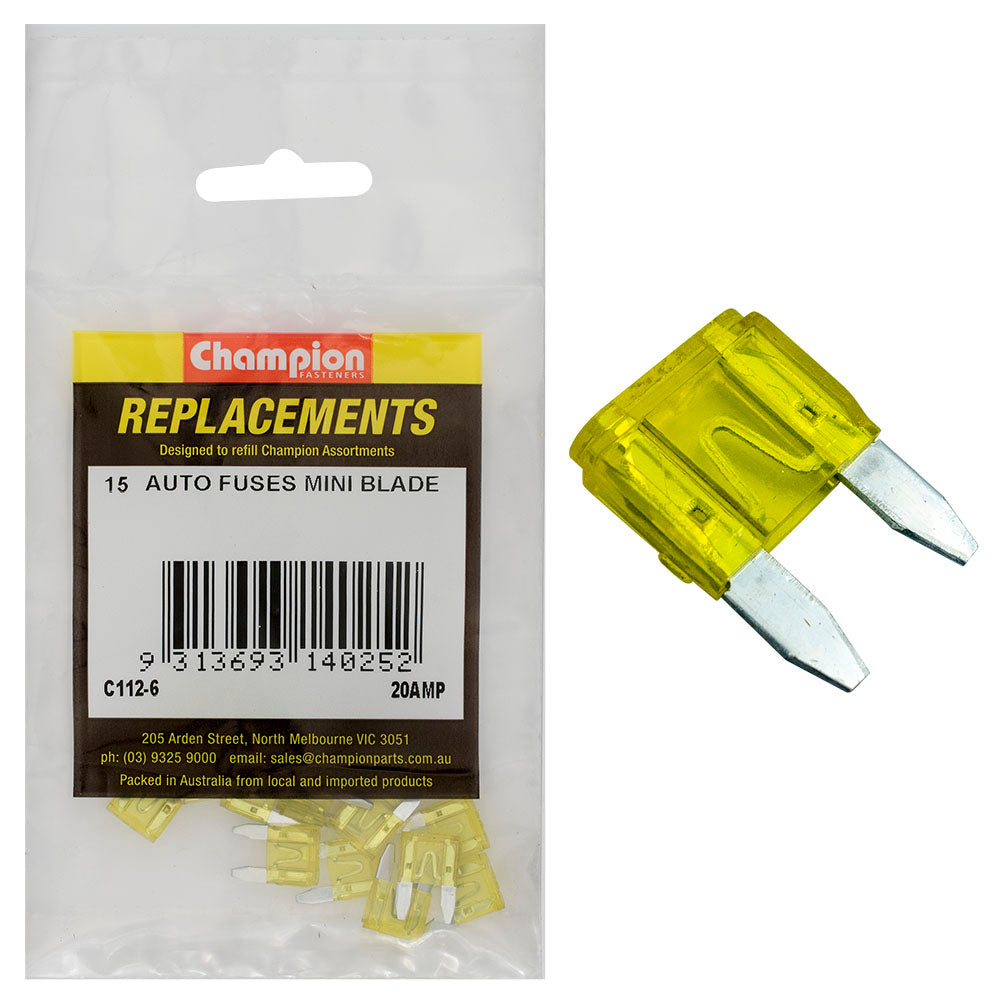 Champion 20Amp Mini Blade Fuse (Yellow) -15Pk