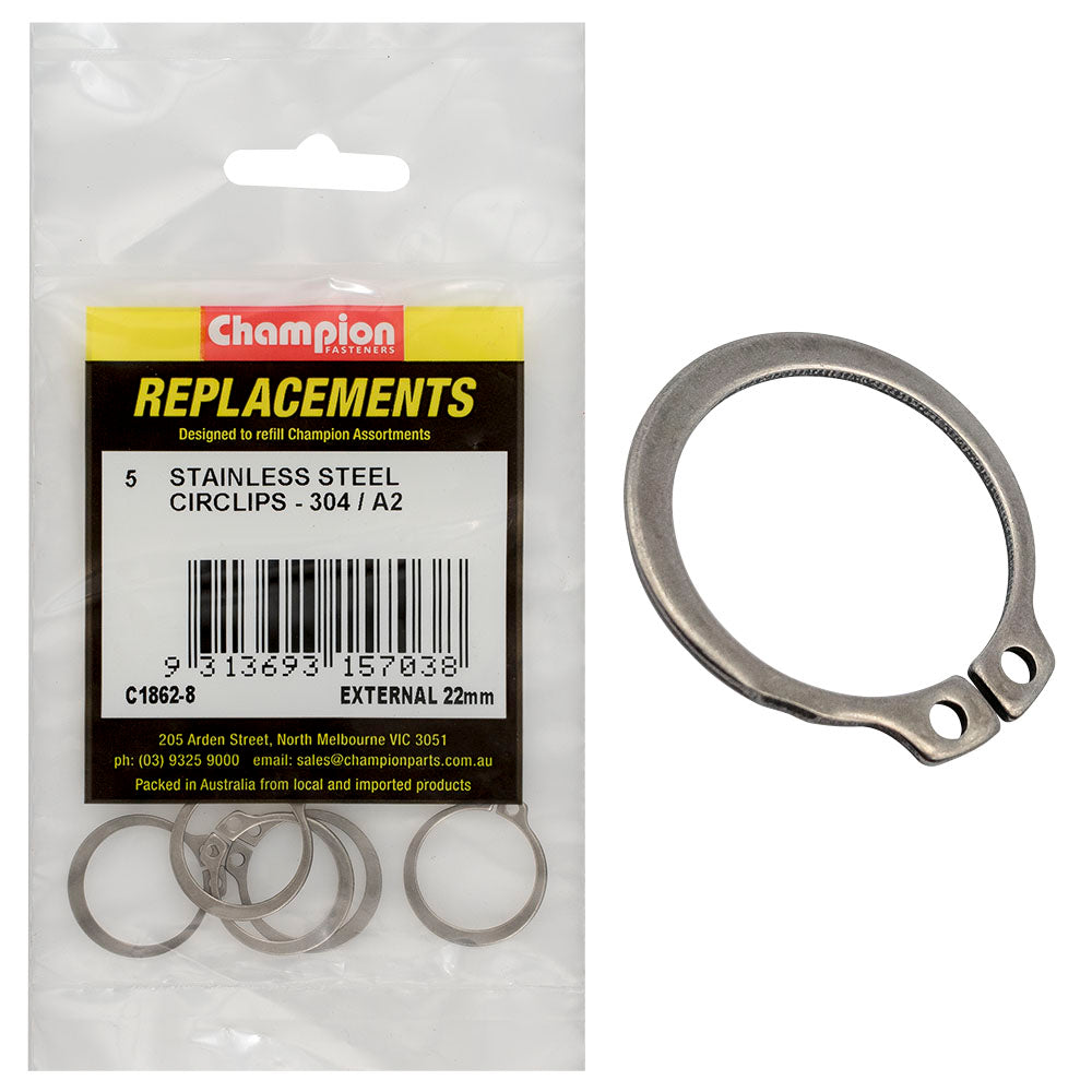 Champion 22Mm Stainless External Circlip 304/A2 -5Pk